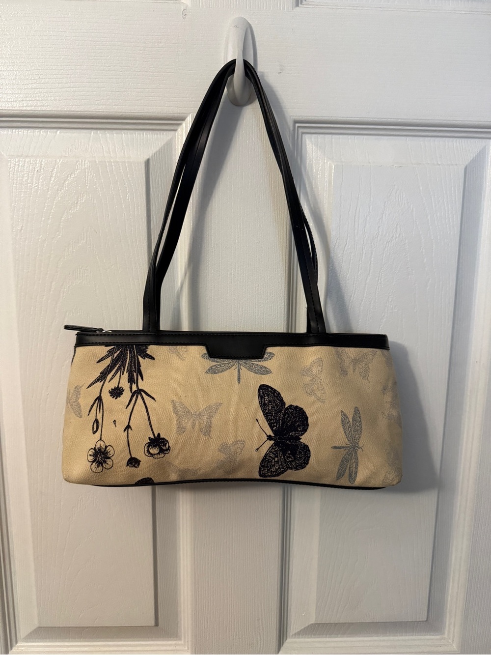 Canvas Butterfly Print Shoulder Bag in Cream and Black